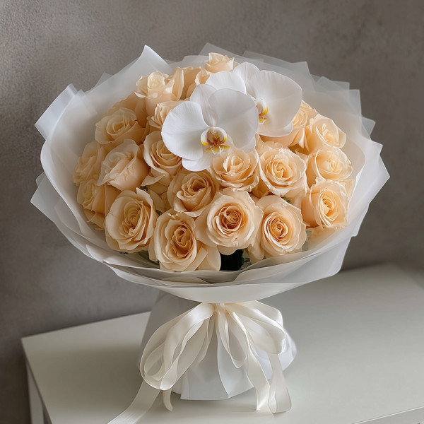 天際優雅 — 以輕聲光影包裹的香檳玫瑰與蘭花夢境